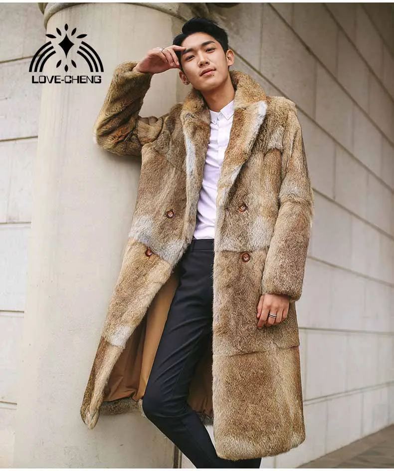 New real genuine natural  fur coat men long fashion turn-down collar jacket outwear overcoat custom any size