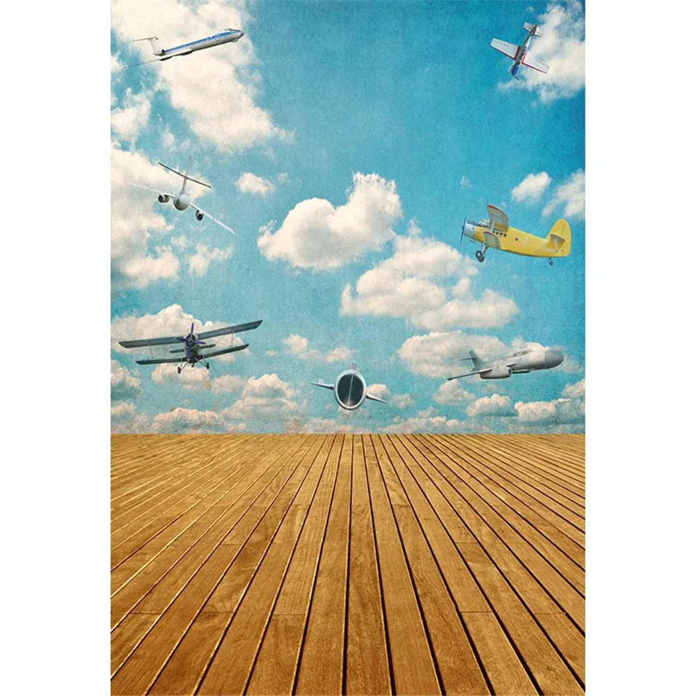 Blauer Himmel, weiße Wolken, Flugzeug-Fotografie-Hintergrund, bedruckt, für Neugeborene, Babyparty, Requisiten, Junge, Kinder, Piloten-Fotohintergrund, Holzboden