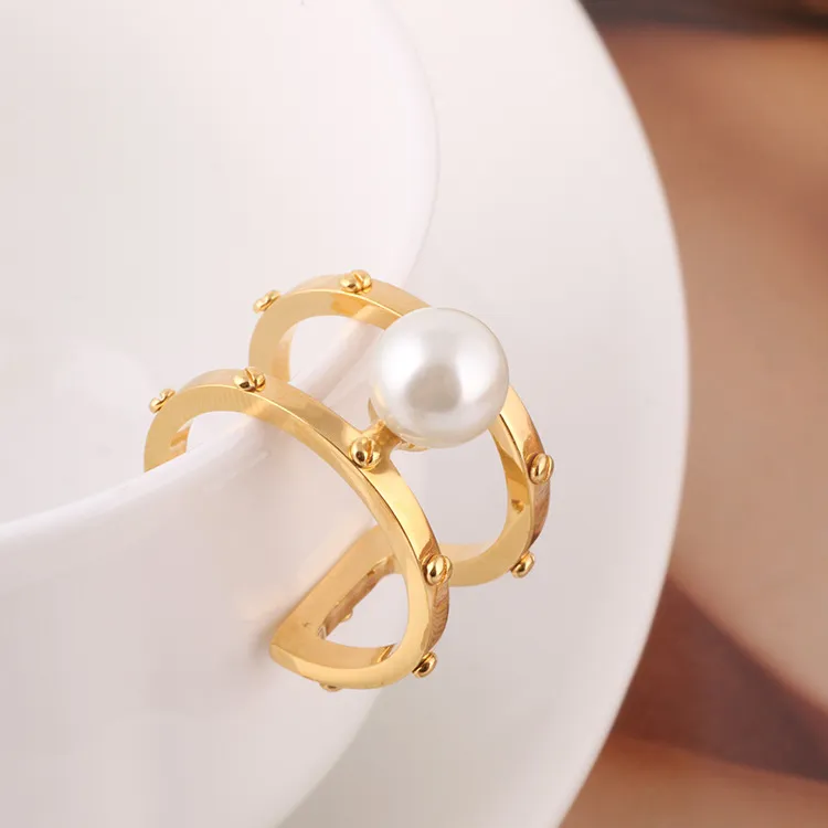Brass material Opening Ring Mid Finger Knuckle Rings with pearl 0.8cm beads spring combination Rings Geometry Style Jewelry PS6426