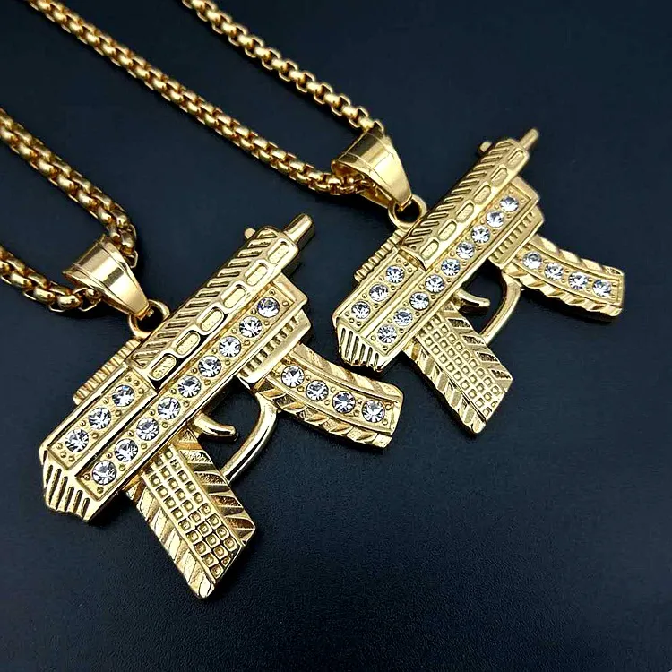 2018 хип-хоп пистолет кулон ожерелье 18K золото посеребренные замороженные Cz алмазы Шарм кулон прекрасное качество кубинский цепи