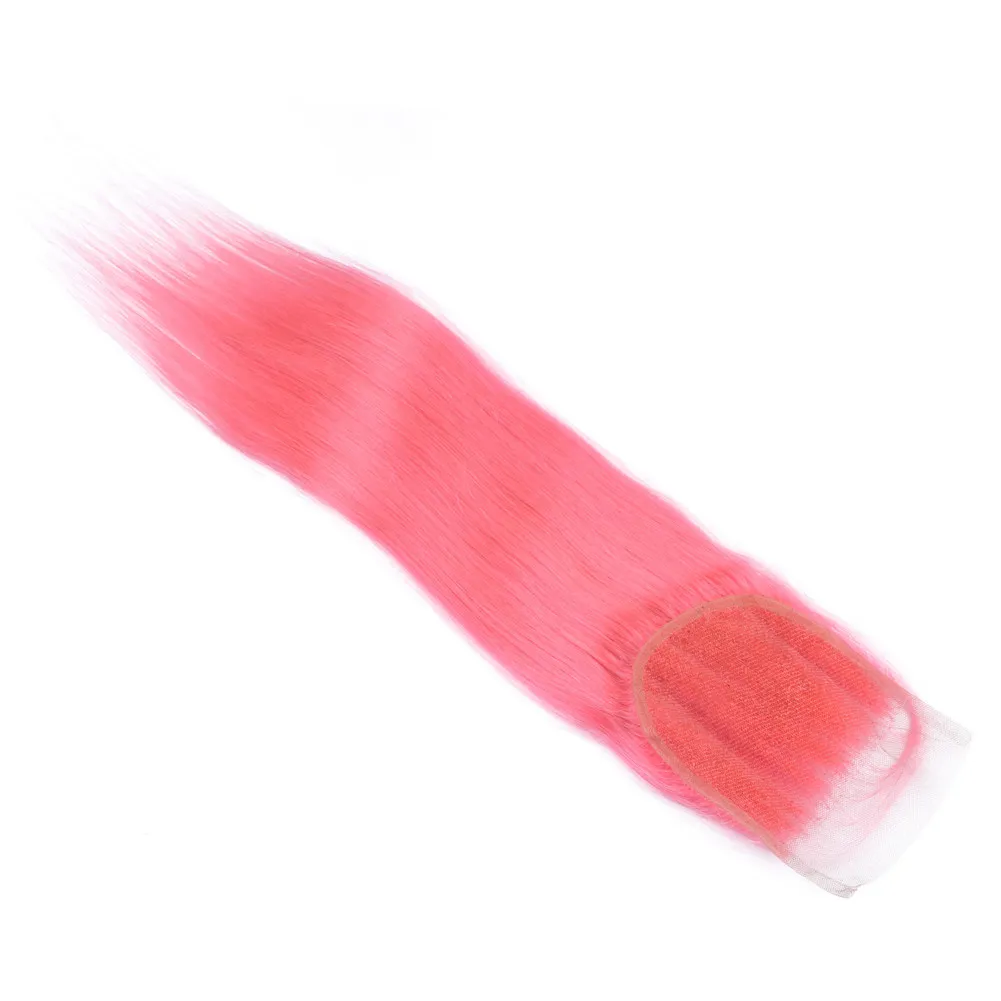 Peruvian Virgin Rosa färg Mänskliga hårväv med stängning Silky Straight Peach Pink 4x4 Lace Front Closure med Human Hair Buntles Deals