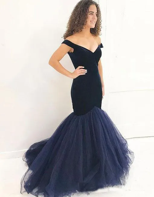 2018 robes de bal en velours bleu marine sirène charmante robes de soirée formelles hors épaule tulle spécial robe robes de soirée usure
