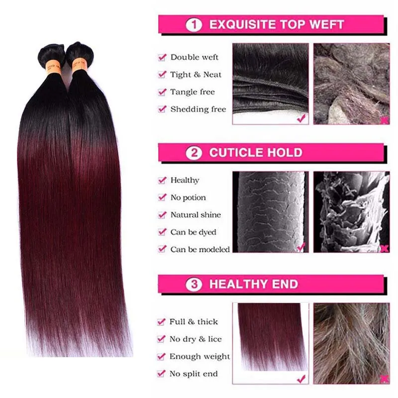 Fasci di capelli umani bordeaux ombre brasiliani con chiusura colorata 1B / 99J estensioni del tessuto dei capelli vergini lisci brasiliani con chiusura in pizzo