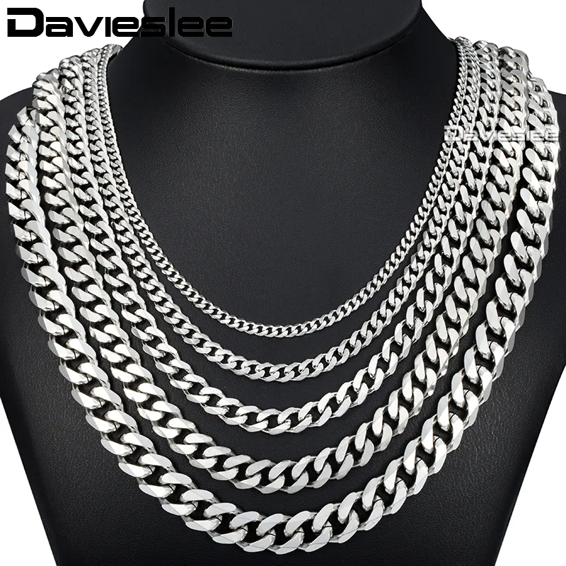 Davieslee 60cm Catena da uomo Collana in acciaio inossidabile color argento per uomo Curb Cuban Link Gioielli hip-hop 3/5/7/9 / 11mm DLKNM07