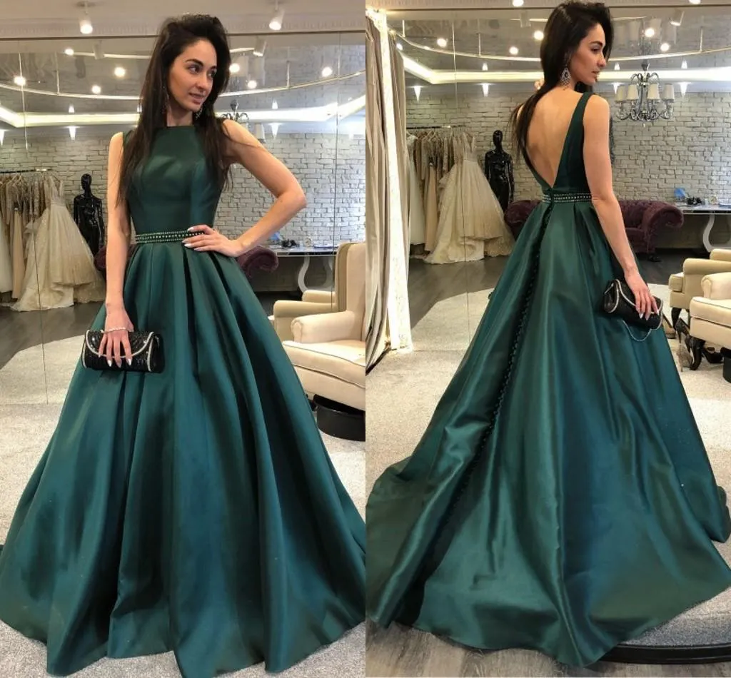 2019 Clássico Sexy Backless Vestidos de Baile com Vestidos de Festa Frisada Verde Escuro Gracioso Cetim Vestidos de Noite Bateau Vestidos de Noite Personalizar