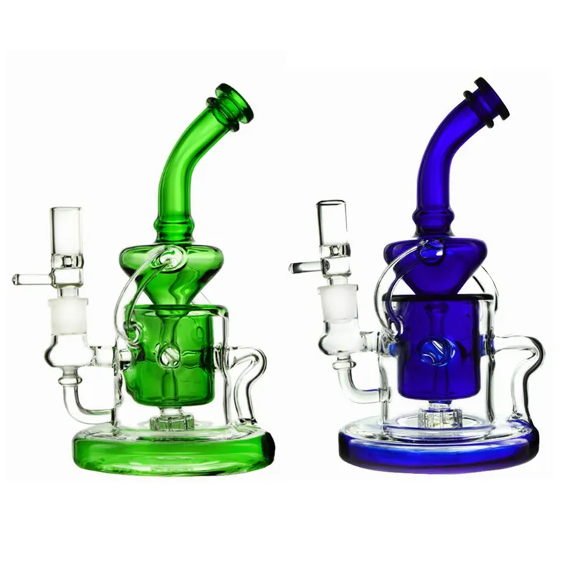 Bunte Klein Recycler Glasbongs, grün, blau, bernsteinfarben, Heady Oil Dab Rig, Duschkopf, Perkolator, Perc-Wasserpfeifen, Bongs mit schwerem Boden und Schüssel