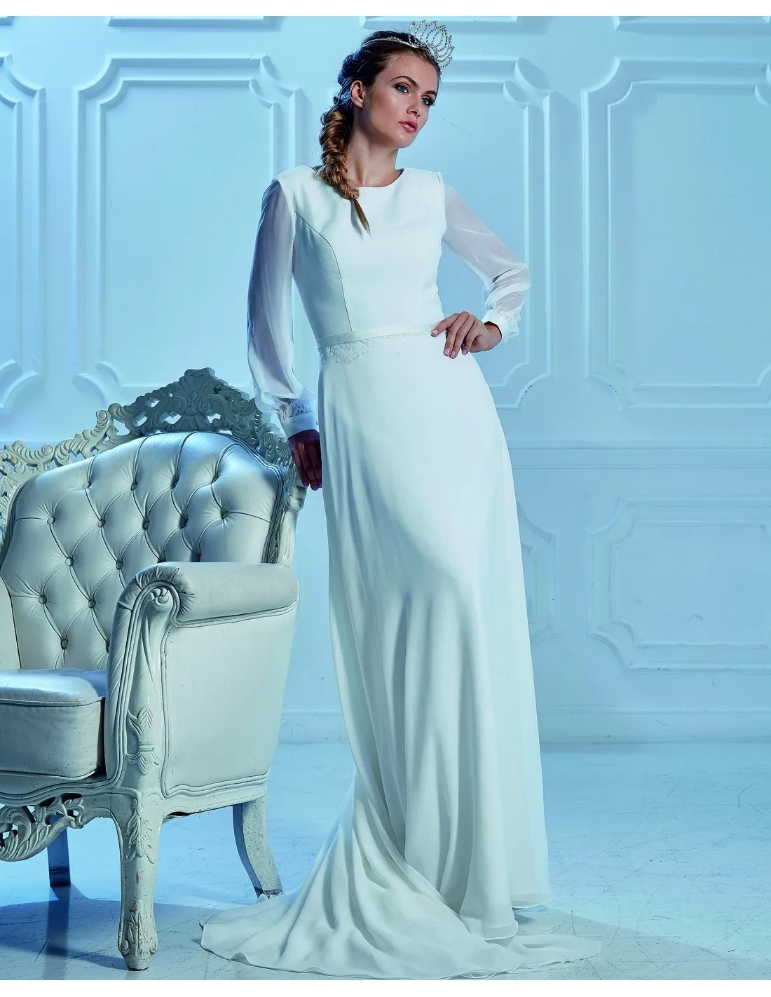 Neue bescheidene Chiffon-Hochzeitskleider mit langen Ärmeln, Juwelenausschnitt, Knöpfen am Rücken, schlichtes LDS-Hochzeitskleid. Neu eingetroffen