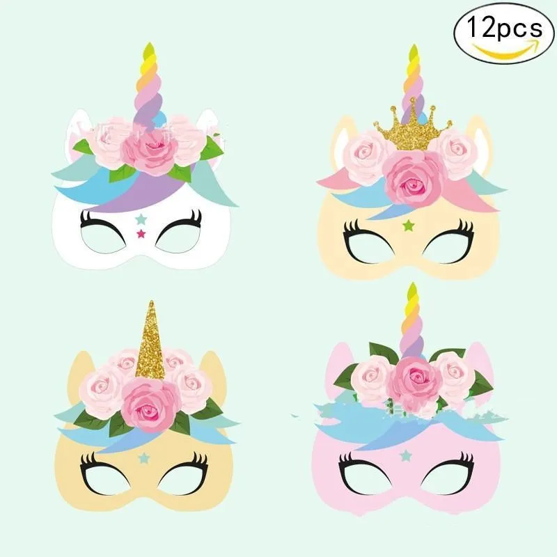 Novità Maschere per il viso di unicorno Maschera per travestimento di carta a forma di cavallo color arcobaleno per forniture di decorazioni per feste Cosplay Divertente 10pc BB