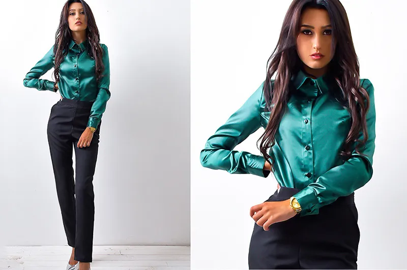 Herbst Frauen hohe qualität seide satin blusen taste revers langarm-shirt damen büro arbeit elegante weibliche Top blusa