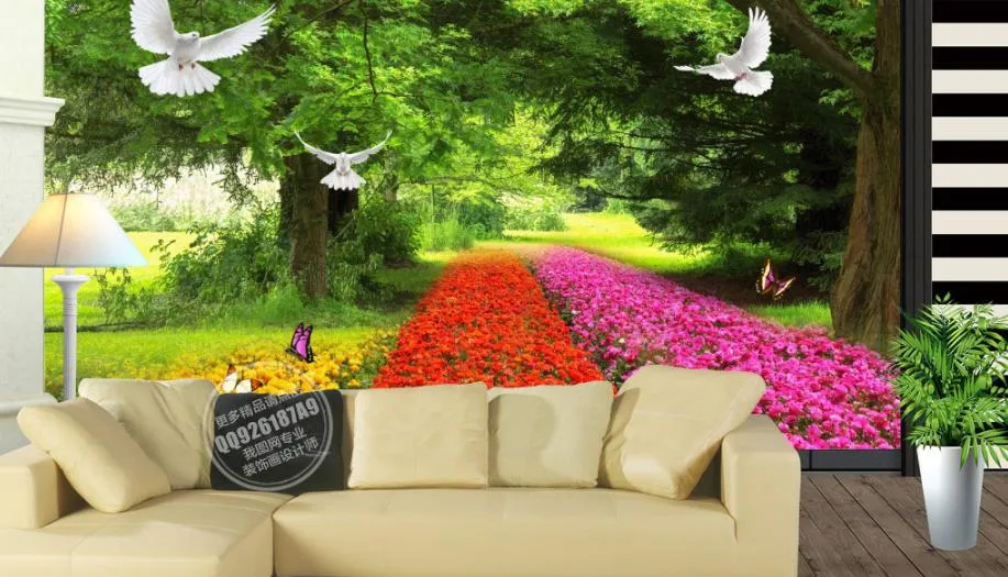 3D ورق الجدران شجرة خضراء حمامة زهور Papel De Parede غرفة المعيشة غير المنسوجة خلفية التلفزيون