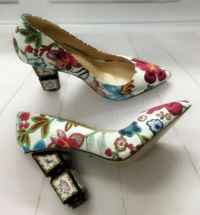 Satin Floral Print Point Toe Chunky Heeled Ankle Strap Pumps | SHEIN