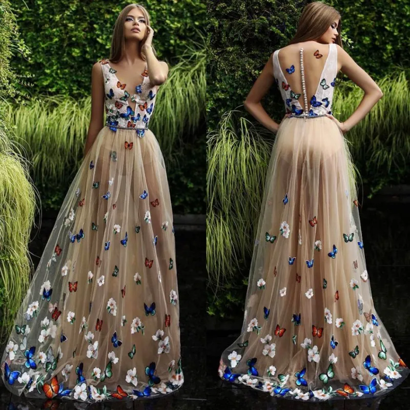 Vestidos de fiesta de mariposas y flores 2018 Vestidos de noche largos sin mangas con cuello transparente Botones cubiertos en la espalda Vestido de fiesta formal árabe por encargo