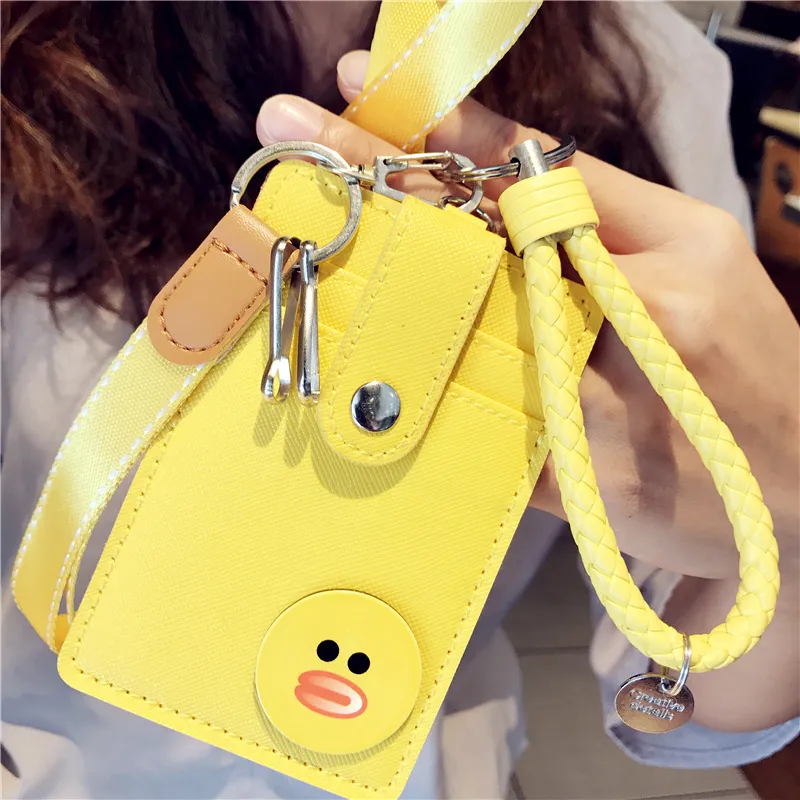 fashion new card case key rings charms cute cartoon pu leather bank id card holder with hand strap 7 models 3 holders