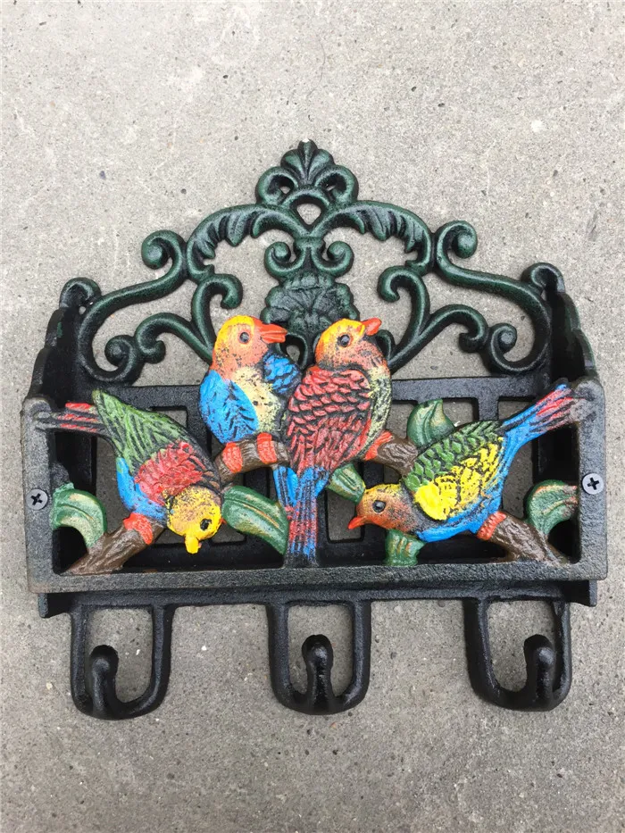 Antique Victorian Cast Iron Painted Birds Letter Rack Wall Shelf Wall Mounted Mail Key Rack 3 Hooks Letter Bill Newspaper Holder O223T