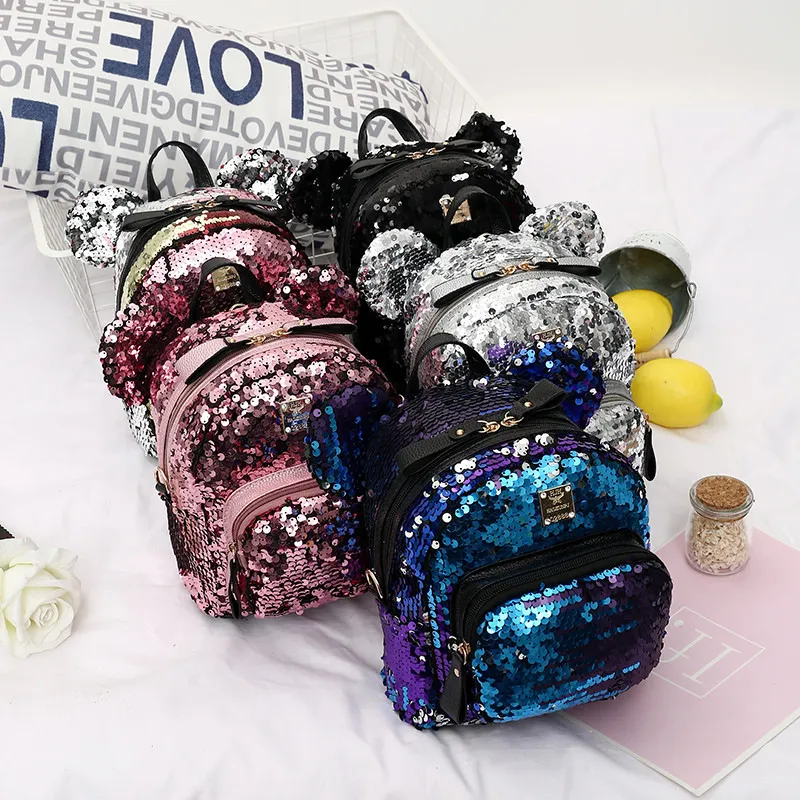 Дети девушки рюкзаки корейский мода новорожденных девочек большие уши медведь рюкзак прохладный блестящий персонализированные блесток сумки дети путешествия плечи сумка 7 цветов