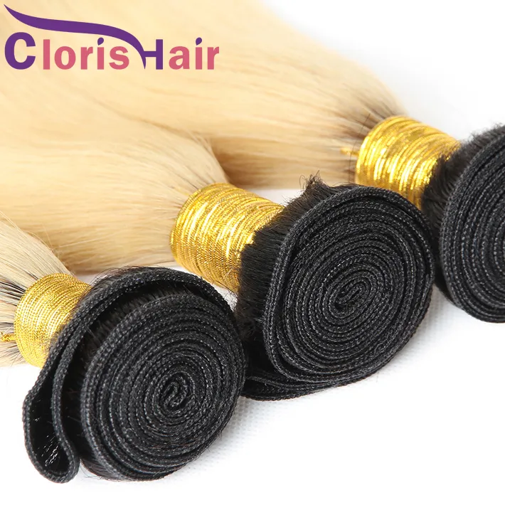 1B ed Silk Straight Human Hair Weave 3 Bundles Platinum Blonde Brazilian Virgin Extensions Blond Ombre Double Machine Wef5843663