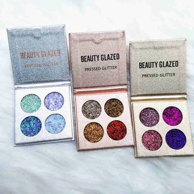 Schoonheid geglazuurd glitter oogschaduw merk palet hoge pigmenten langdurige waterdichte 4 kleuren glanzende glans oogschaduw make-up