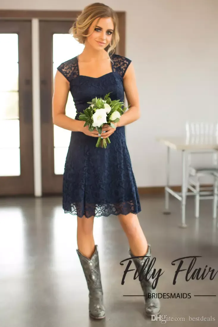 Short Navy Blue Lace Bridesmaid Dresses Capped Sleeves Knee Length Maid of Honor Gowns Country Bridesmaid Dress