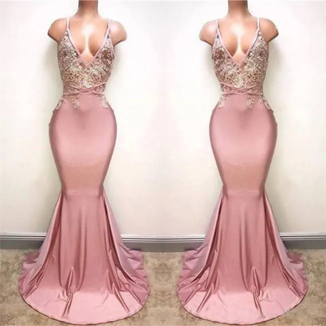 Robes de bal rose poussiéreux 2018 Spaghetti appliqué perlé Long Train sirène robes de soirée sur mesure Occasion tenue de soirée