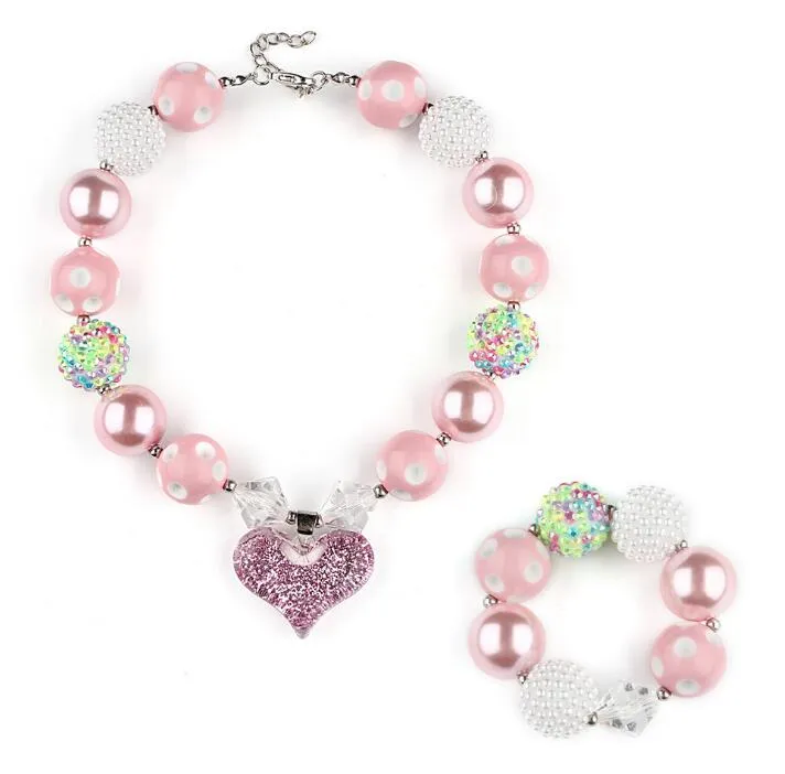 Pink Chunky Necklace Bracelet Jewelry Sets DIY Kids Bubblegum Acrylic Bead Heart Charms Pendants for Children Girls Wholesale