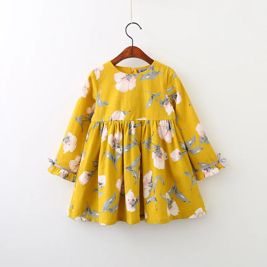 2 flores do bebê Cor menina INS vestir 2018 Nova moda infantil amarelo azul dos desenhos animados padrão flores de manga longa vestidos de bebê menina roupas