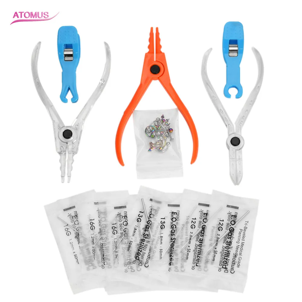 Piercing Needles Kit Sex Belly Tongue Eyebrow Nipple Lip Nose Disposable Body Piercing Jewelry Tool Sets Ring Cosing Plier