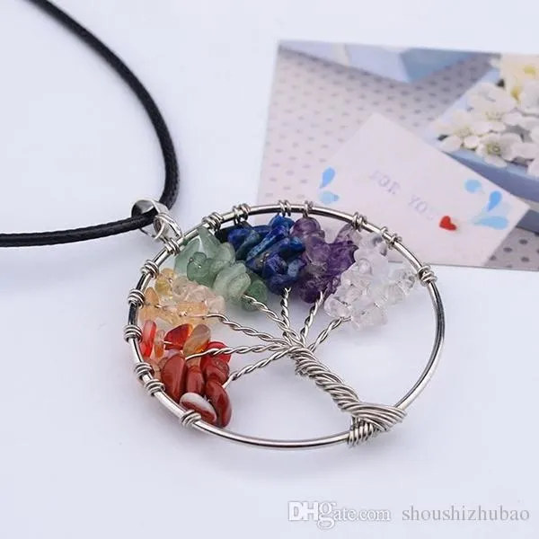 Vintage Women`s Girl Natural Crystal Quartz Gemstone 7 Chakra Healing Tree of Life Pendant Necklace Jewelry Gift Hot