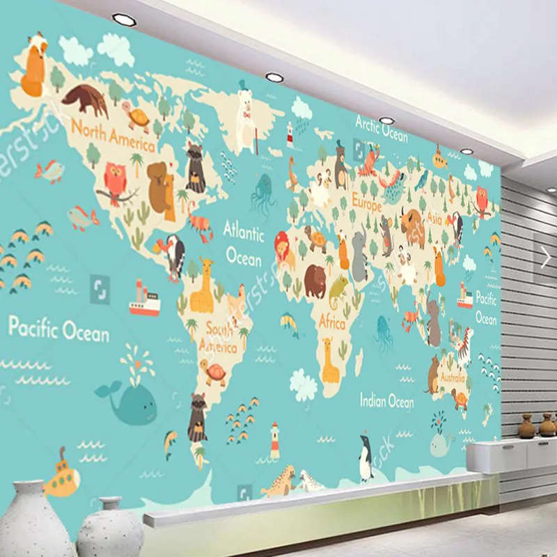 Arkadi Custom Children Wallpaper, Cartoon World Map Murals For The
