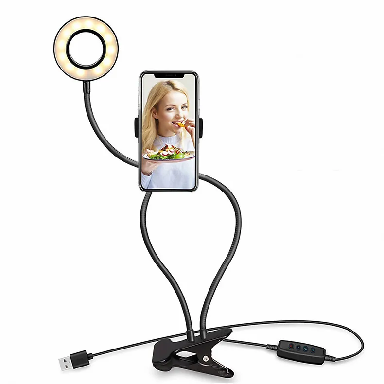 Ny ankomst USB Power LED Selfie Ring Light med Mobiltelefon Klipphållare Lazy Bracket Skrivbord för iPhone Samsung