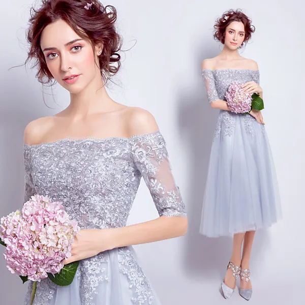 Fairy brudtärna klänningar ljus grå mjuk tulle med applique strapless dragkedja tillbaka te längd sommar bröllopsfest klänningar billigt