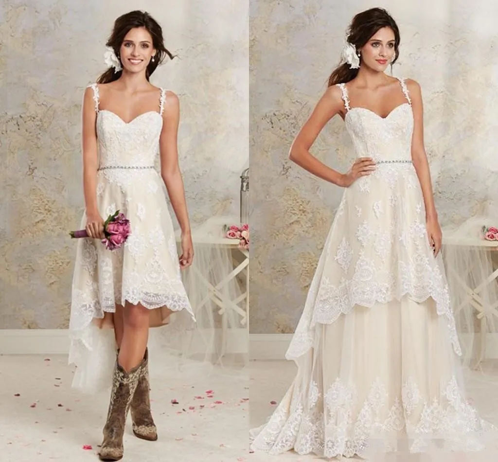 Sarahbridal Lace A Line Wedding Dress With Hi Lo Short Detachable