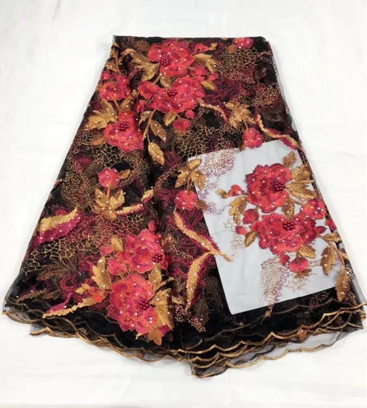 5 Yards/pc Fashinoable tessuto di pizzo netto francese nero con perline e ricamo di fiori rossi merletto africano della maglia per il vestito QN71-2