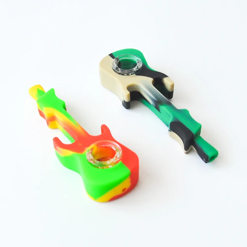 Wholesale Guitar Silicone Smoking pipe Silicone Tobacco Hand Pipe with glass bowl Oil Rig Sillicone Bongs