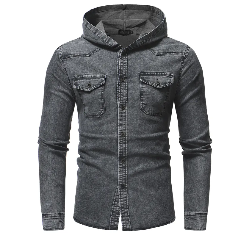 Men'S Shirts Men'S Jeans Shirt Hooded Pocekt Grey Social Shirt Single Breasted Blusa De Frio Masculina satin NZ672