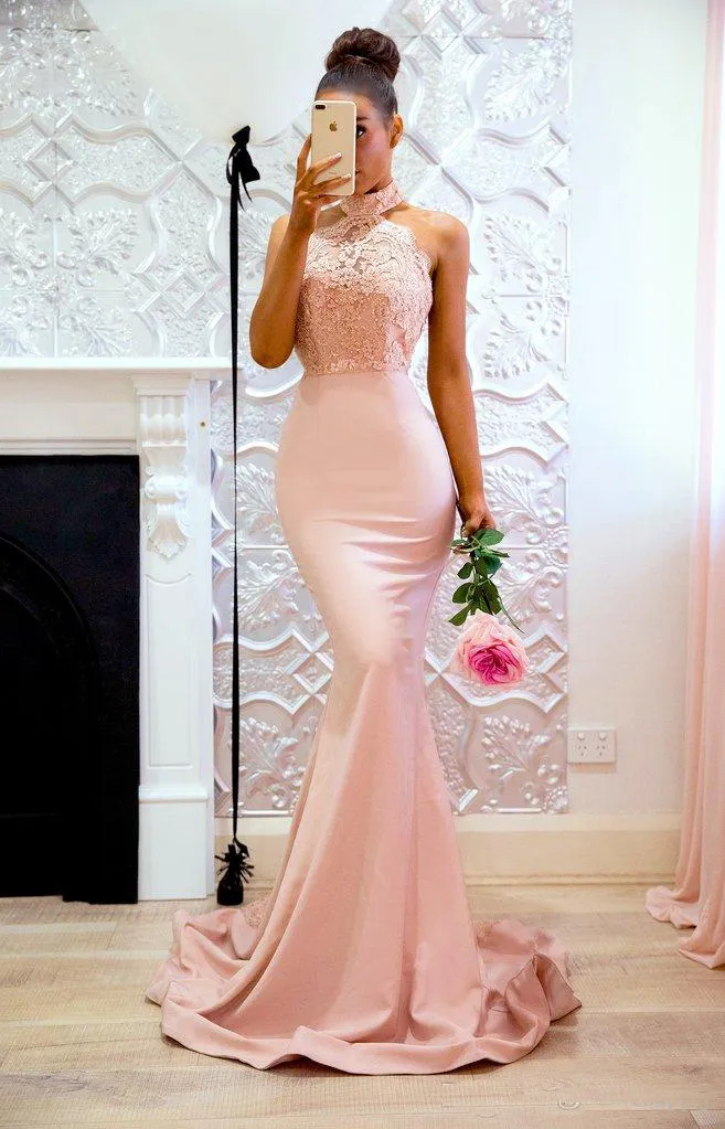 Baby roze zeemeermin prom jurken lange halter nek kanten avondjurken vegen trein backless bruidsmeisje jurk dames jurken 315Q