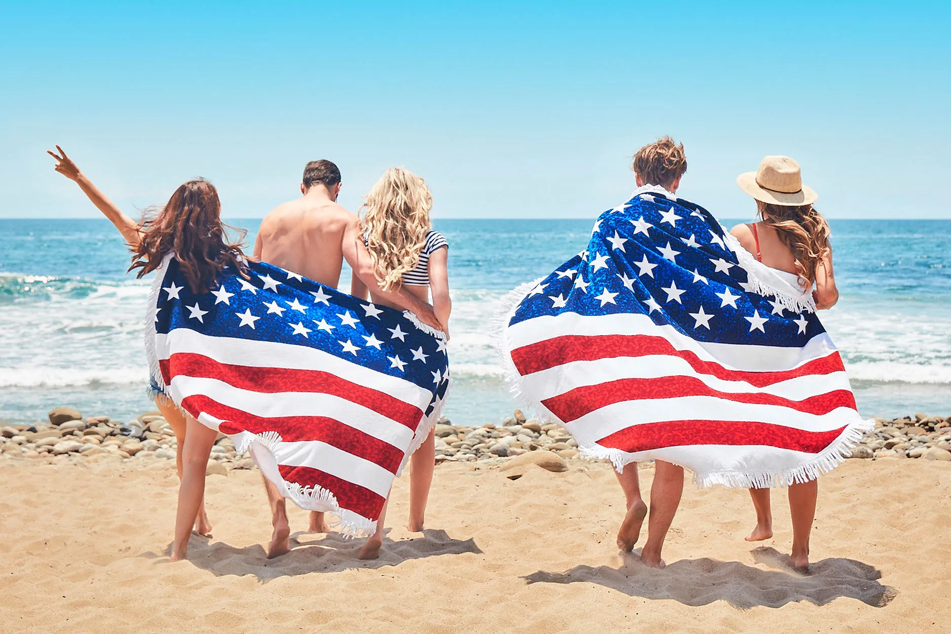 American Flags Beach Towels Independent Day Red Striped Blue Stars Beach Towels Round Bathing Towel Printed Tassels Beach Mat Scarf 