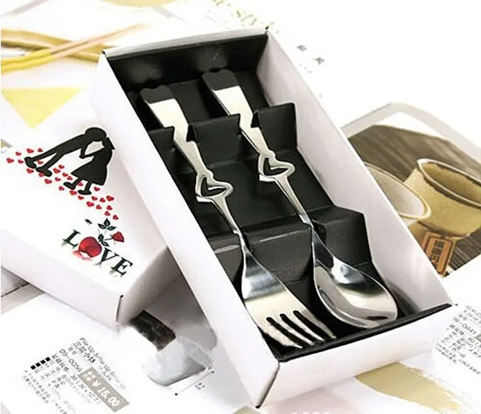 New Fashion Wedding Favors Gifts Heart Shape Stainless-Steel Fork Spoon in One Set