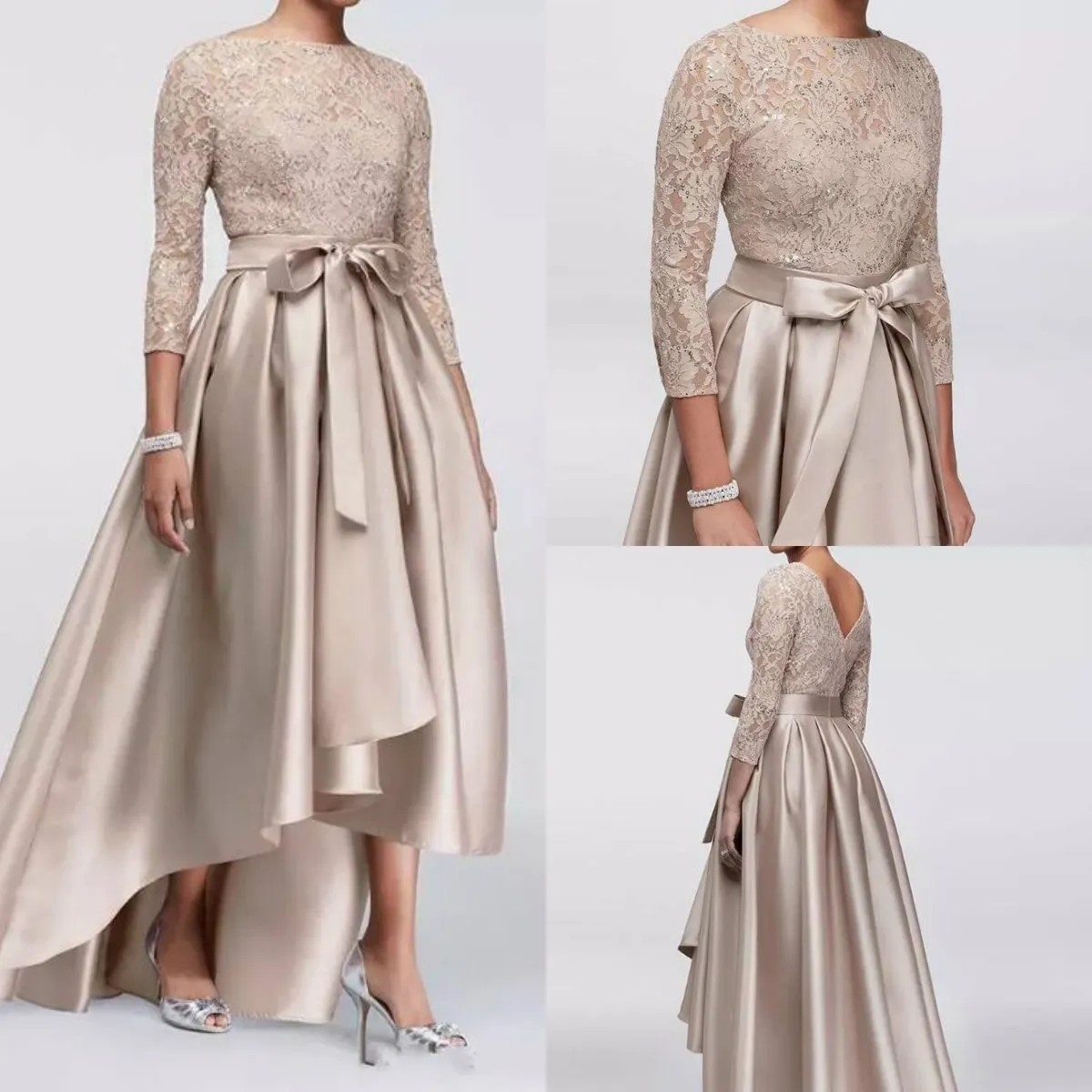 Chic Haute Basse Mère De La Mariée Robes Dentelle Paillettes Manches Longues Une Ligne Satin Plus La Taille Robe De Soirée De La Mère Pour Les Mariages