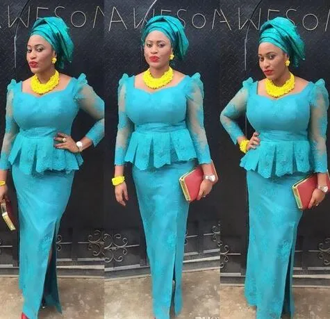 Элегантный синий вечерние вечерние платья Платья для чернокожих женщин плюс размер Африканский нигерийский кружева платье разрезы с длинными рукавами дешевые платье выпускного вечера