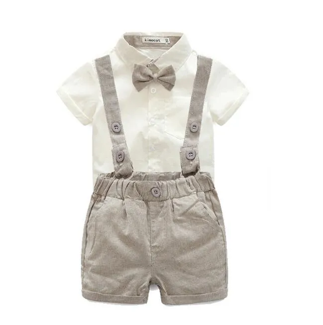 2018 Neue Kinderkleidung Baby Jungen 3 Stück Sets Gentleman Anzug Baumwolle weißen Rock + Strampler + Fliege Kinder Kleidung Sets 2 Farben