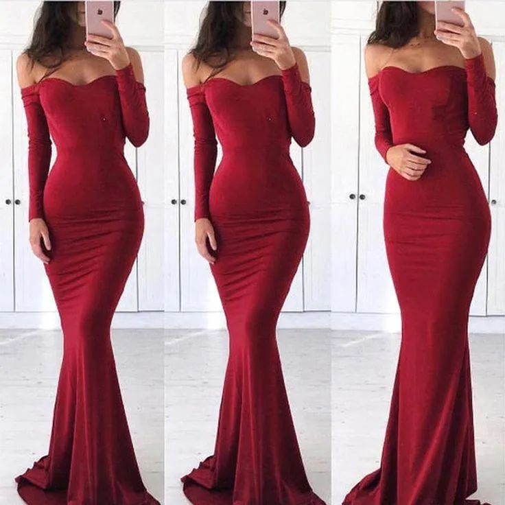 Enkel elegant nyaste heta röda sjöjungfrun prom klänningar långa ärmar från axel svep tåg formella kvällsfest klänningar hög kvalitet billigt