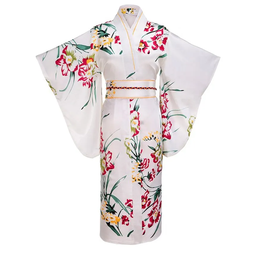 Vita japanska kvinnor mode tradition yukata silke rayon kimono med obi blomma vintage cosplay kostym kväll klänning en storlek