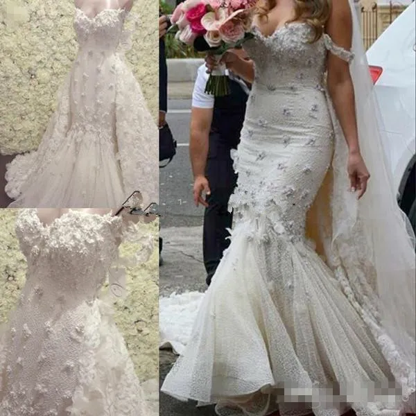 3D Floral Appliued Mermaid Wedding Dresses with Detachable Train Hand Made Flowers Church Castle Off the Shoulder Wedding Bridal Gown
