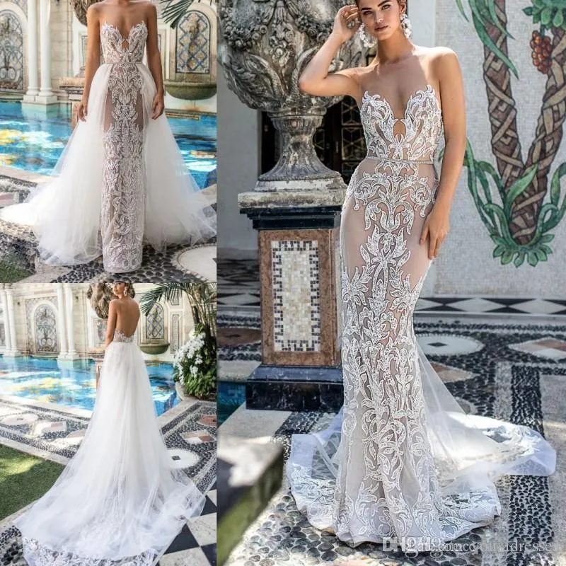 2019 Berta Syrenki Suknie ślubne z odpinanym pociągiem Sheer Jewel Neck Aplikacja Koralik Kraj Suknie Ślubne Sweep Pociąg Plaża Ślubny Dres