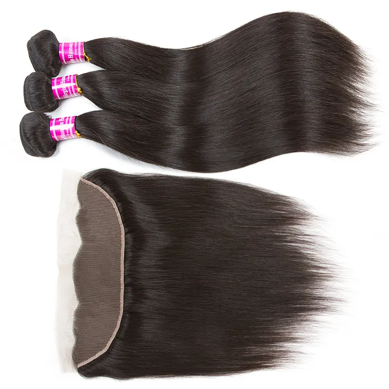 Feixes de cabelo humano brasileiro virgem com fechamento de renda frontal reto corpo profundo onda de água kinky encaracolado orelha a orelha extensões trama para mulheres negras