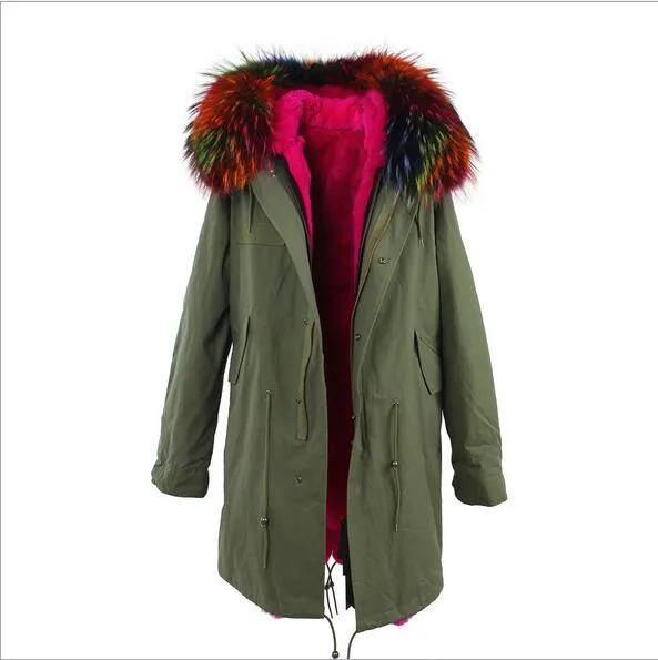 Garniture en fourrure de raton laveur multicolore populaire dames manteaux de neige doublure en fourrure de lapin rose armée vert toile longues parkas