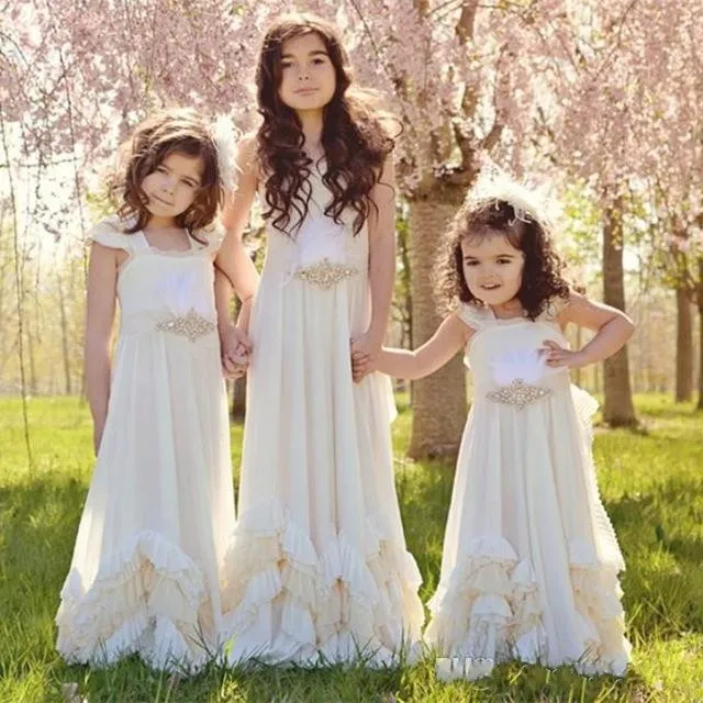 Güzel Fildişi Ucuz Çiçek Kızları Düğünler İçin Kare Boyun Boncuklu Kanatlar Kat Uzunluğu Bir Çizgi Kız Pageant Elbiseleri Doğum Günü önlükleri