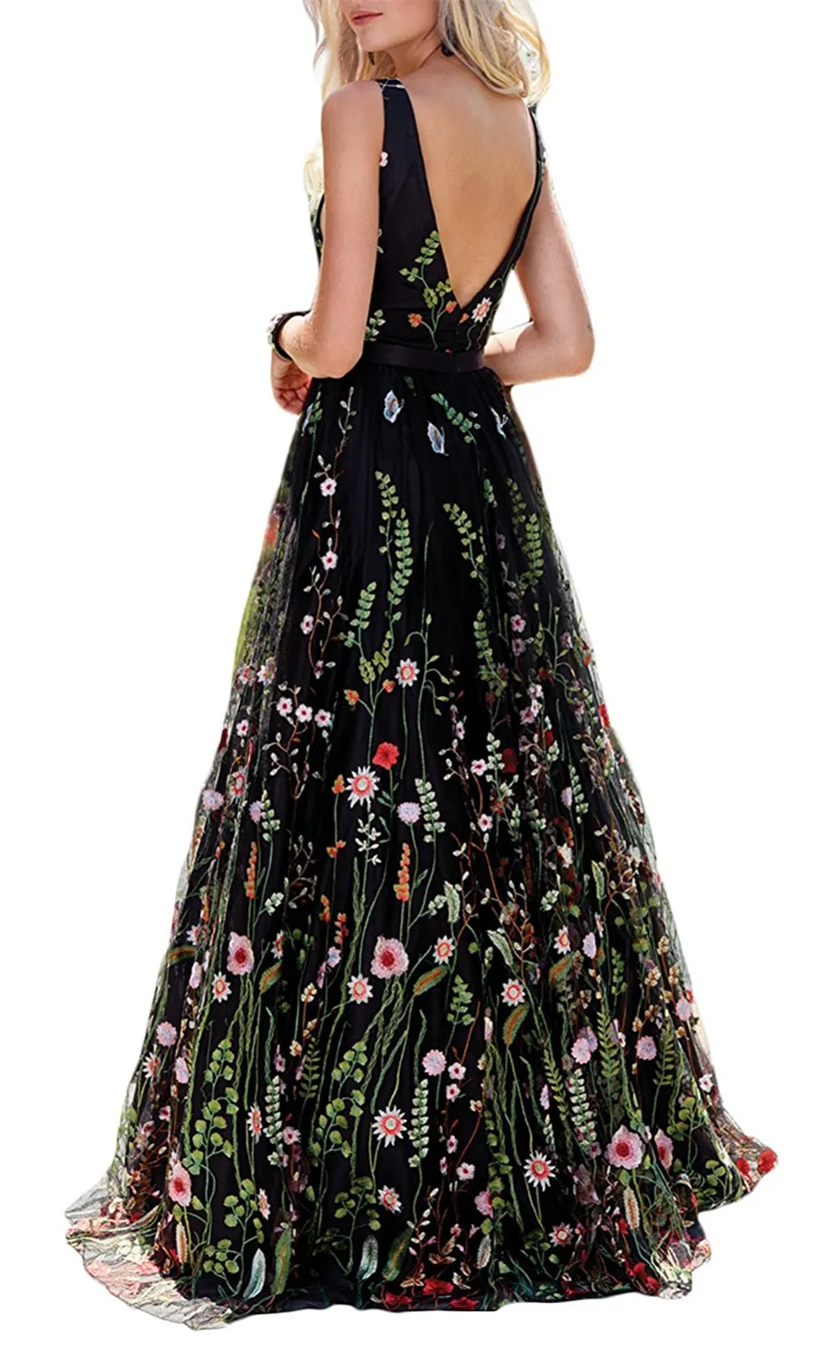 Elegant Flower Lace Prom Dresses Floor Length Black Evening Gowns    cg21616