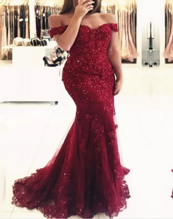 Prom Dresses 2019 Elegant röd Burgundy Sexig Sweetheart Off-Shoulder Glamorös Mermaid Evening Gowns Plus Size Vestidos de Festa