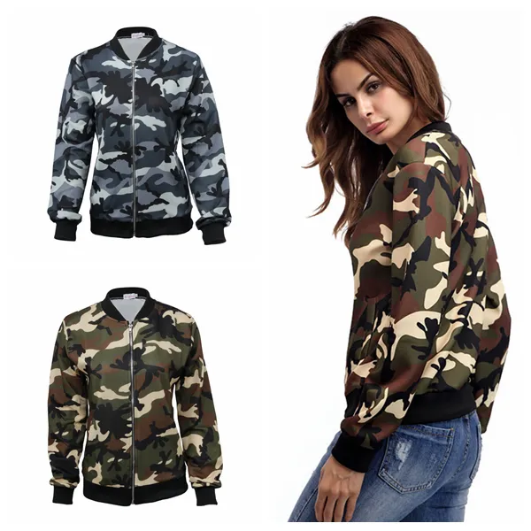 Kadın Kamuflaj Ceket Sonbahar Fermuar Coat Uzun Kollu Camo Bombacı Dış Giyim Tops Moda Kadın Ince Ceket Ceketler Casual Kabanlar YFA505